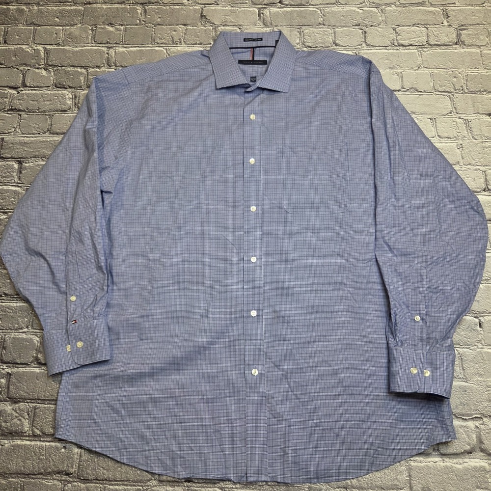 Tommy Hilfiger Mens XLarge (17-17½) Long Sleeve Dress Button Up Shirt Blue Plaid